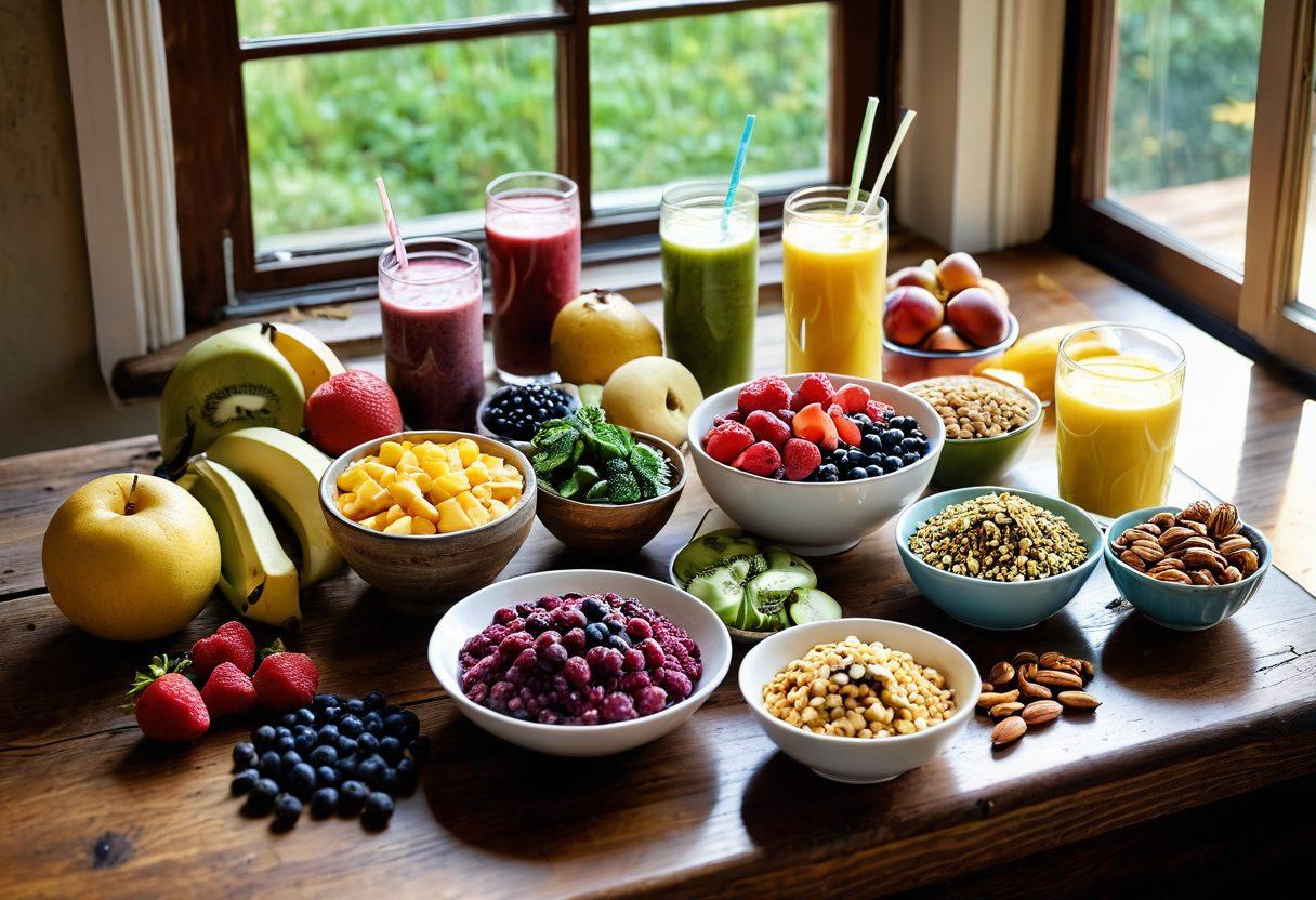 An abundant selection of fresh fruits, vibrant vegetables, and wholesome grains arranged on a rustic wooden table. A glass of colorful smoothie sits beside a plate of energy-packed snacks, like nuts and seeds, creating an inviting, healthy atmosphere. Sunlight streams through a window, illuminating the ingredients, symbolizing vitality and nourishment. super-realistic. vibrant colors. warm tones.