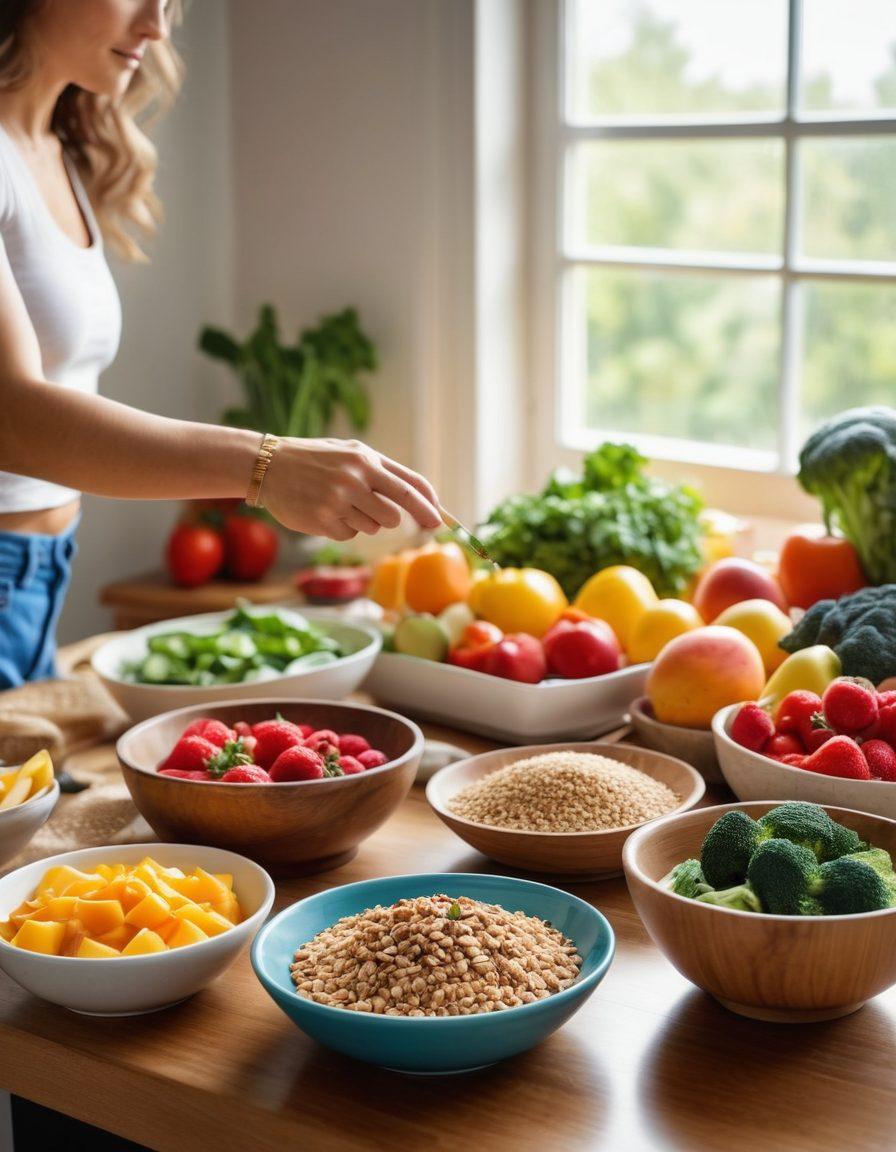 A vivid kitchen scene showing a diverse array of healthy foods like fresh fruits, vegetables, and whole grains being prepared for a balanced meal. In the foreground, a person measuring ingredients with a focused expression, symbolizing mindful eating and weight management. Bright sunlight streaming in through a window, enhancing the fresh colors of the foods. A digital display showing calorie counts and nutritional information subtly in the background. painting. vibrant colors.