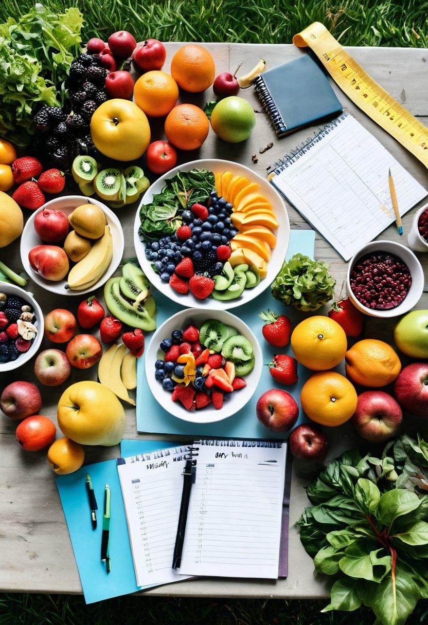 A beautifully arranged table filled with colorful, healthy foods such as vibrant fruits, leafy greens, and lean proteins, surrounded by a measuring tape and a notepad with strategic goals written on it. In the background, a serene outdoor setting with a person jogging and another practicing yoga, symbolizing active living. Emphasize the harmony of nutrition and fitness in achieving goals. super-realistic. vibrant colors. sunny outdoor scene.